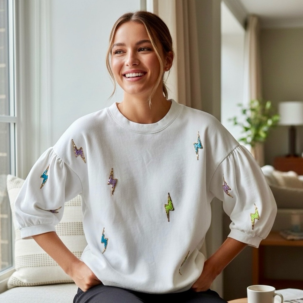 Fate White Sweatshirt with Colorful Embroidery Lightning Bolts